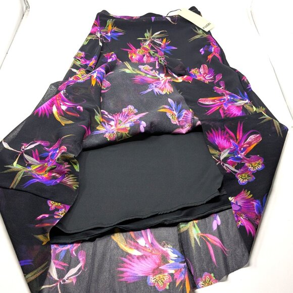 FUZZI Italy Black Floral Mesh Skirt NWT Small Pink Bird Paradise Ruffle Maxi - Picture 7 of 16